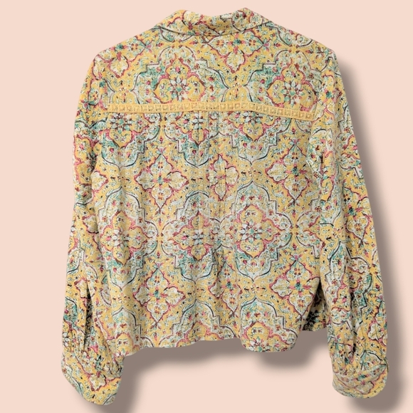 Anthropologie Yellow Printed Embroidered Puff Sleeve V-Neck Button-Up Blouse - Picture 3 of 12
